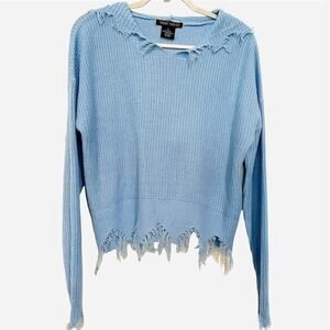 Trendy Threads Women's Fringe Pullover Sweater Light Blue Size L Hooded